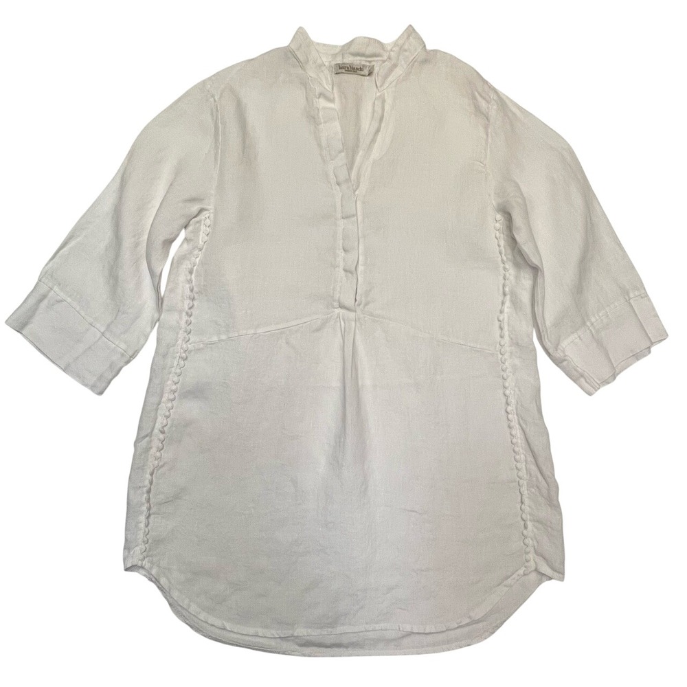 Laura Bianchi‎ Made in Italy Linen Notched Neck 3/4 Sleeve White Tunic Size S